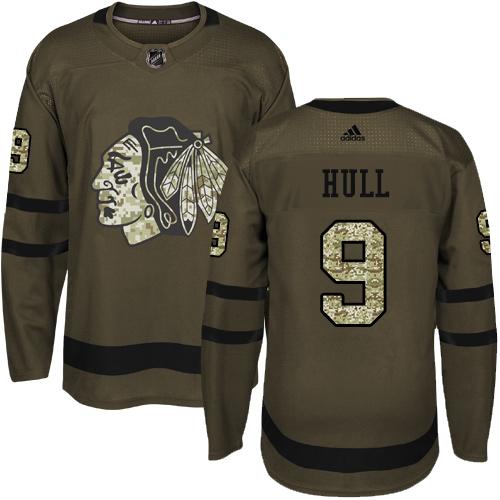 Adidas Blackhawks #9 Bobby Hull Green Salute to Service Stitched NHL Jersey - Click Image to Close